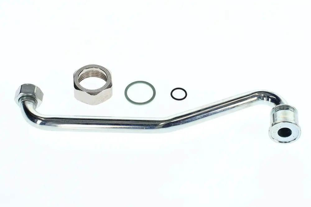 Verbindungsrohr von Bosch, gebogen mit einem Gewindeanschluss, einer weiteren Anschlussmöglichkeit, einem O-Ring und zwei Dichtungen.